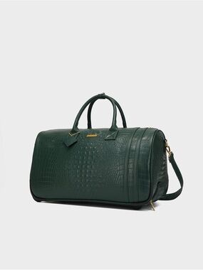 Dark Green Croc-Embossed Travel Duffel Bag